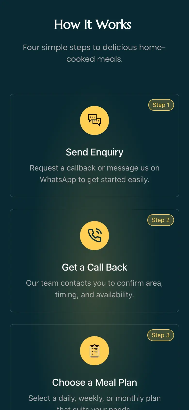 Rekha Maa Ki Rasoi How It Works section on a phone, showing numbered steps to send an enquiry and get a call back